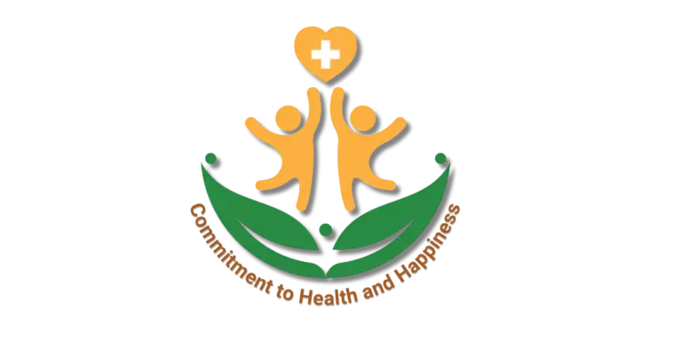 Two joyful figures holding a heart with a medical cross above green leaves, symbolizing Agrim Ayu Care’s commitment to health and happiness.