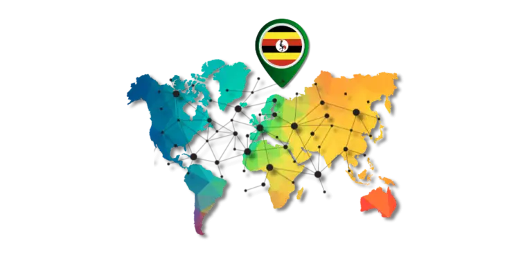 World map with Uganda highlighted, symbolizing Agrim Ayu Care’s origins in Uganda and global reach in Ayurveda and wellness.