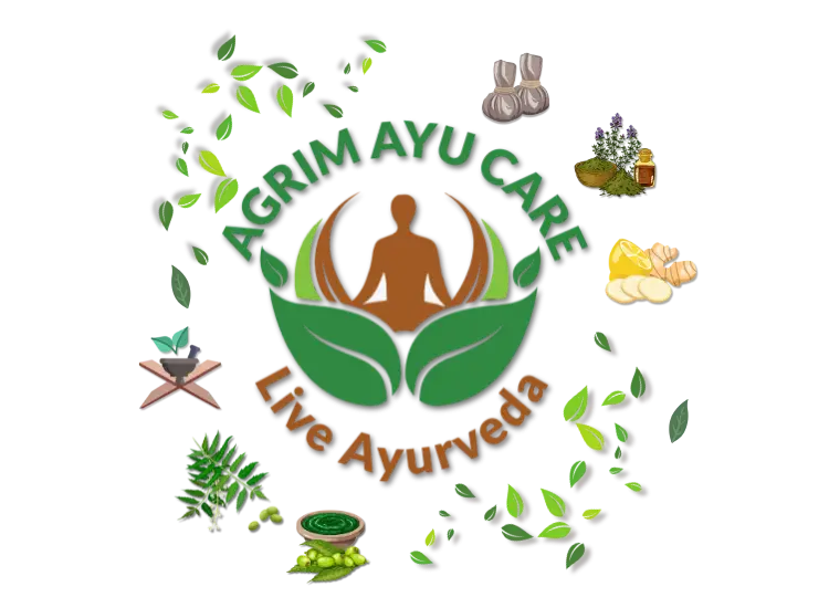 Agrim Ayu Care logo with Ayurvedic elements like herbs, leaves, and healing symbols, representing the Journey of Agrim in Ayurveda and holistic wellness.