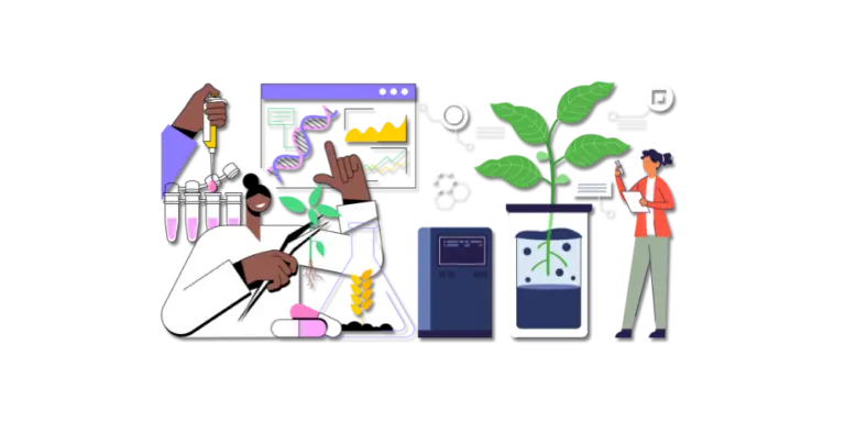 Scientists working with plants and lab equipment, symbolizing Ayurveda’s blend of tradition with modern innovation in health and wellness.