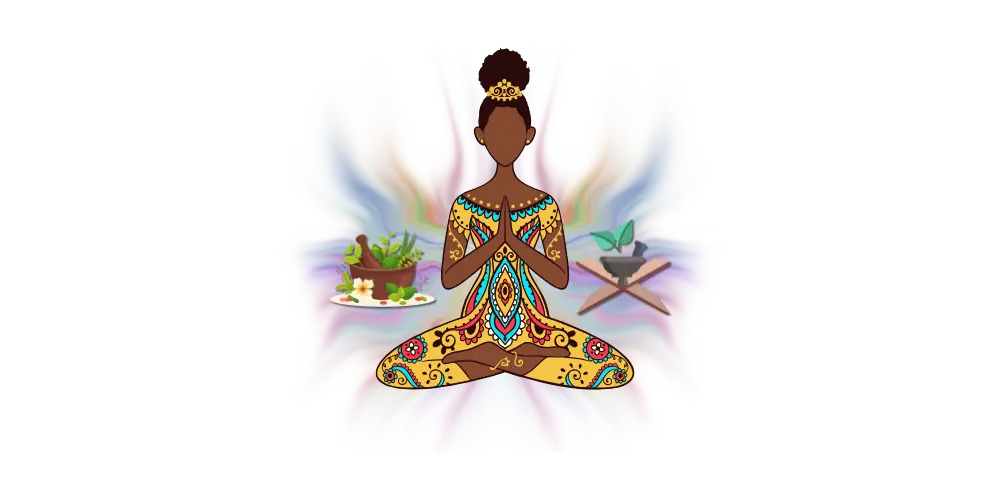 Illustration of a woman meditating with herbal elements, symbolizing holistic wellness for the mind, body, and spirit through Ayurveda.