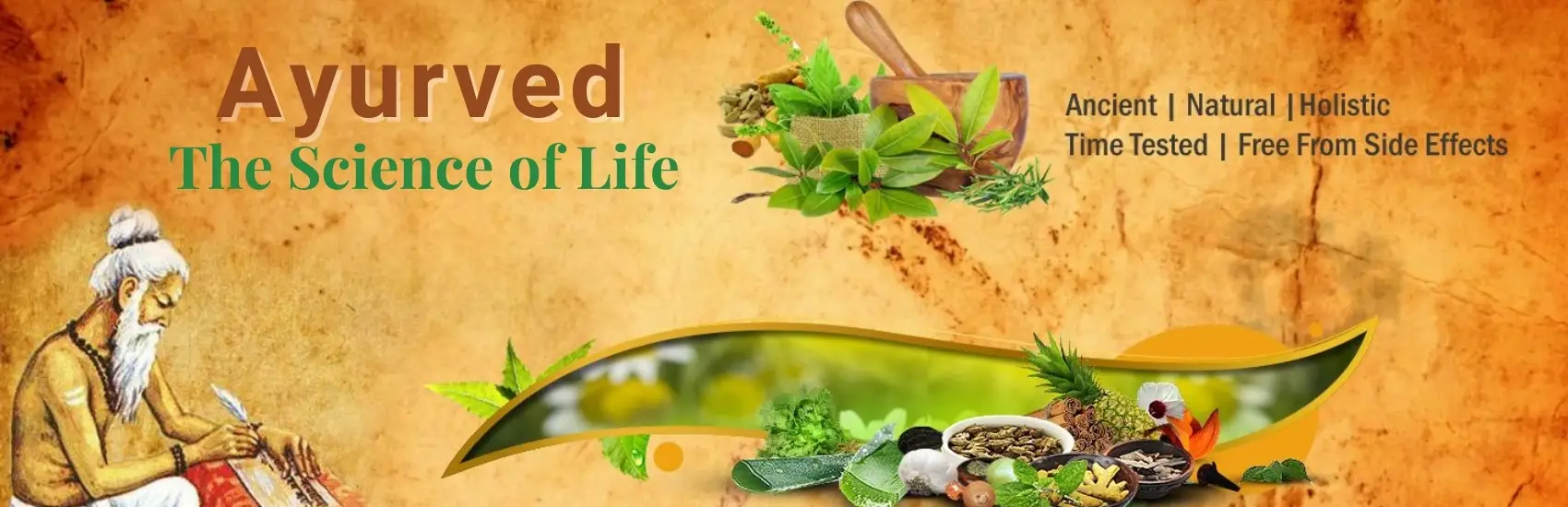 Ayurved the science of life banner with natural herbs and holistic healing concept