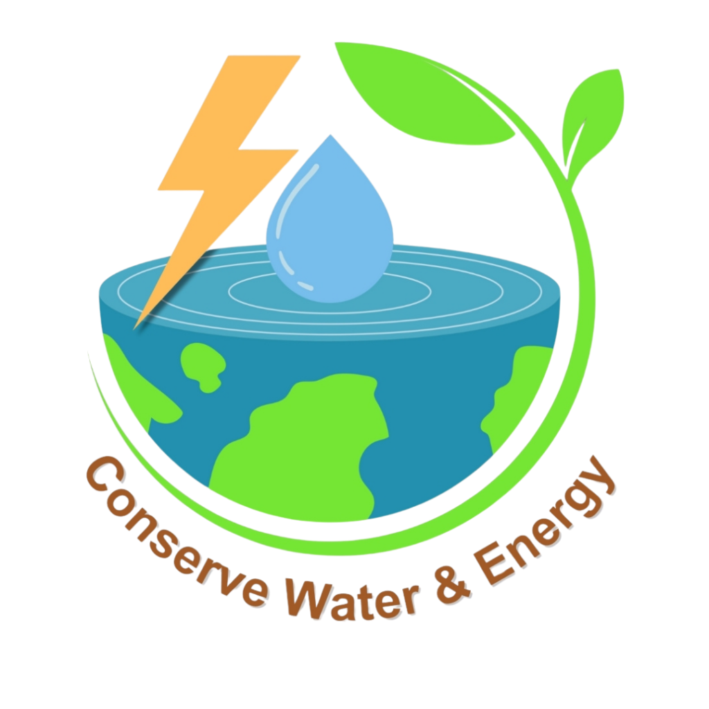 Illustration of Earth with a water droplet, energy bolt, and green leaf symbolizing conservation of water and energy.